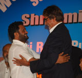 Resul Pukootty is ecstatic as he hugs Amitabh Bachchan who later gave him an award for his contribution to sound industry on behalf of Western India Motion Pictures & TV sound engineers association in Mumbai.